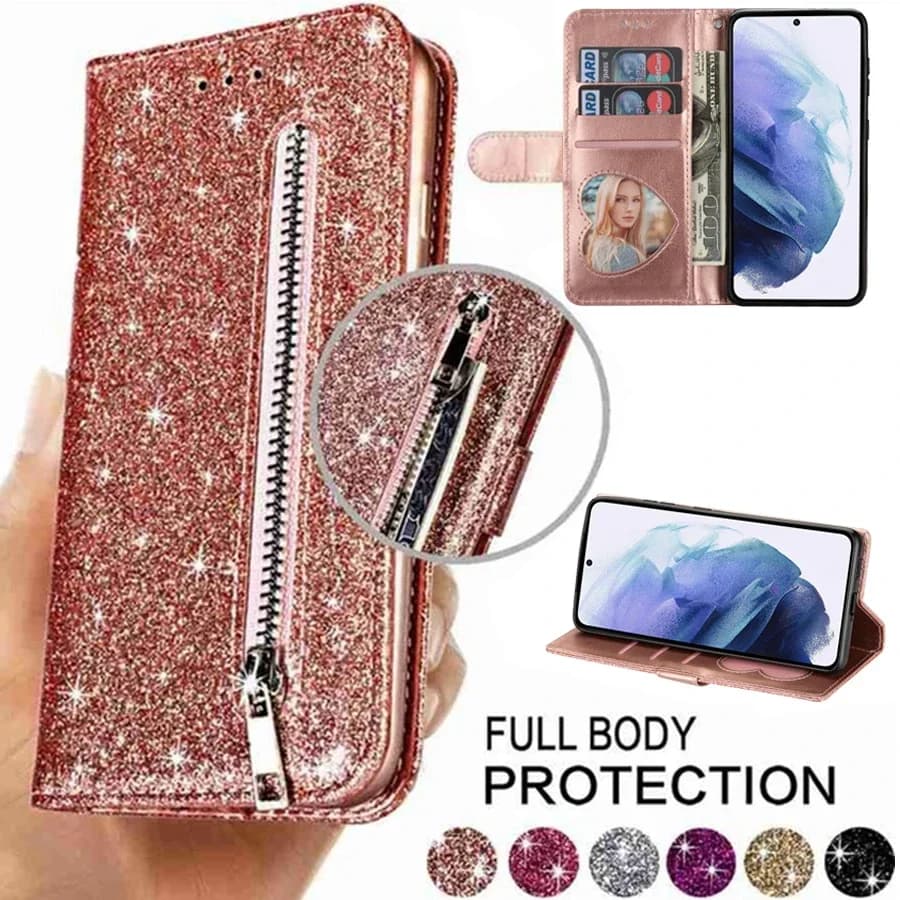 Étui portefeuille en cuir à rabat avec fermeture éclair et paillettes, pour Galaxy S24 FE S23 Ultra S22 Plus S21 S20 FE S10 Note 20 Ultra 10 Lite 10 Plus 9 8