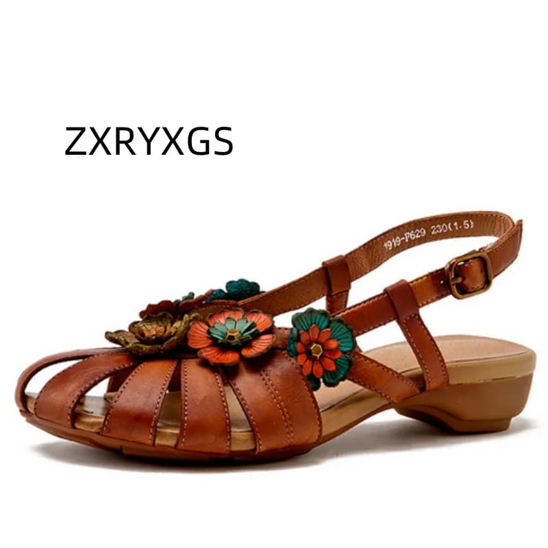 ZXRYXGS 2026 Nouvelles Sandales d'été en cuir PU de haute qualité à fleurs multicolores, Chaussures élégantes et tendance pour femmes