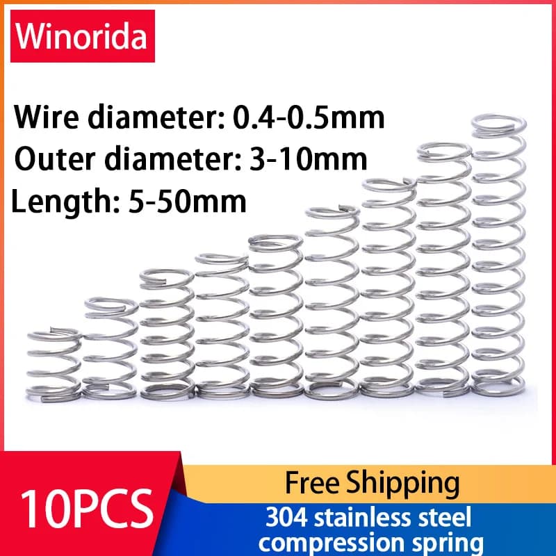 Ressort de Compression en acier inoxydable 304, ressort de rappel, fil d'acier, diamètre 0.4 ~ 0.5mm, diamètre extérieur 3 ~ 10mm, 10 pièces