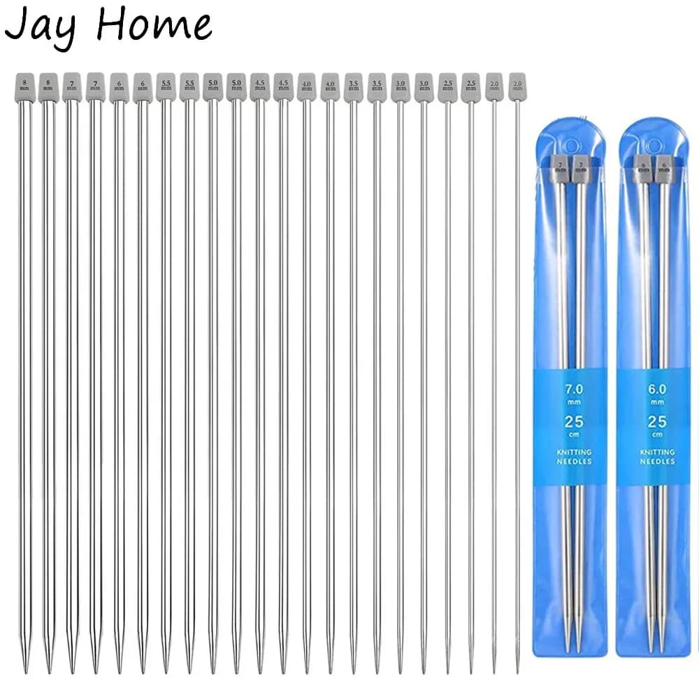 Aiguilles à tricoter en acier inoxydable, 22 pièces, 2mm-8mm, ensembles de crochets droits à une pointe, 25/35cm, aiguilles pour pull à tricoter