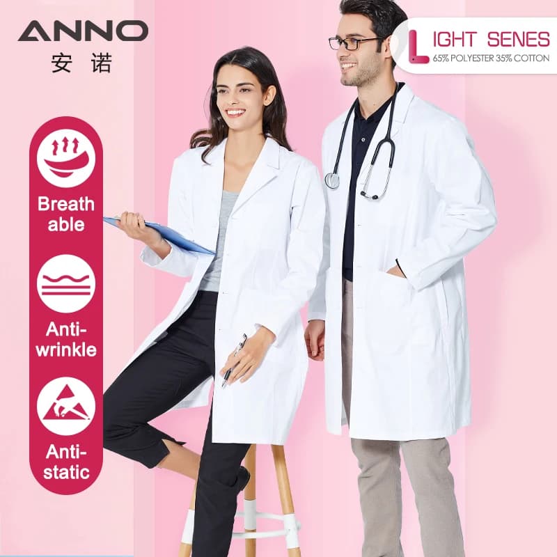 ANNO – blouse de médecin blanche unisexe, uniformes de laboratoire, clinique de dentisterie, blouse de chimiothérapie, 65% Polyester, 35% coton