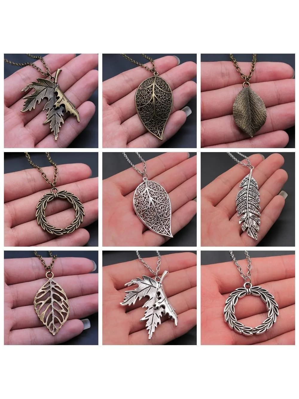 Collier pendentif en métal pour femme, long, bronze antique, document argenté, cuir chevelu et branche, feuilles d'arbre