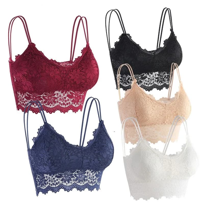 Bralette en dentelle florale pour femme, sans armatures, style tube top, à fines bretelles doubles, lingerie sexy, avec coussinets amovibles et bord festonné, haut court, sous-vêtement