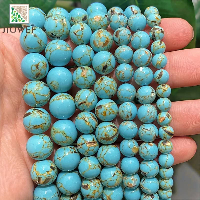Perles rondes turquoises en coquillage bleu lac, pierre naturelle pour la fabrication de bijoux, collier et Bracelet faits à la main, 15 pouces, 4/6/8/10/12mm