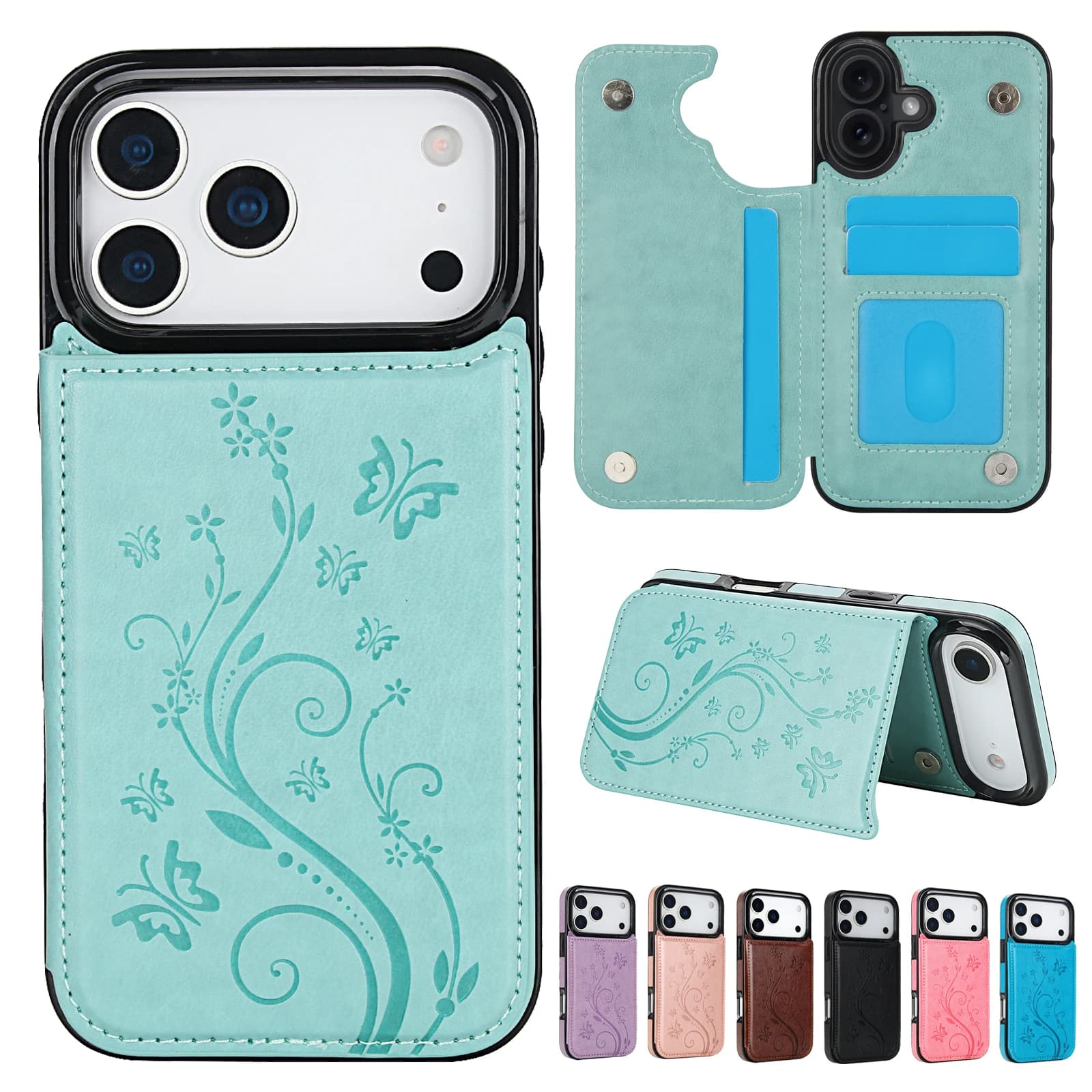 Portefeuille papillon presse avec fente pour carte Double boucle support étui en cuir à rabat pour iPhone 17 Pro Max Air 16e 16 Plus 15 14 13 12 11