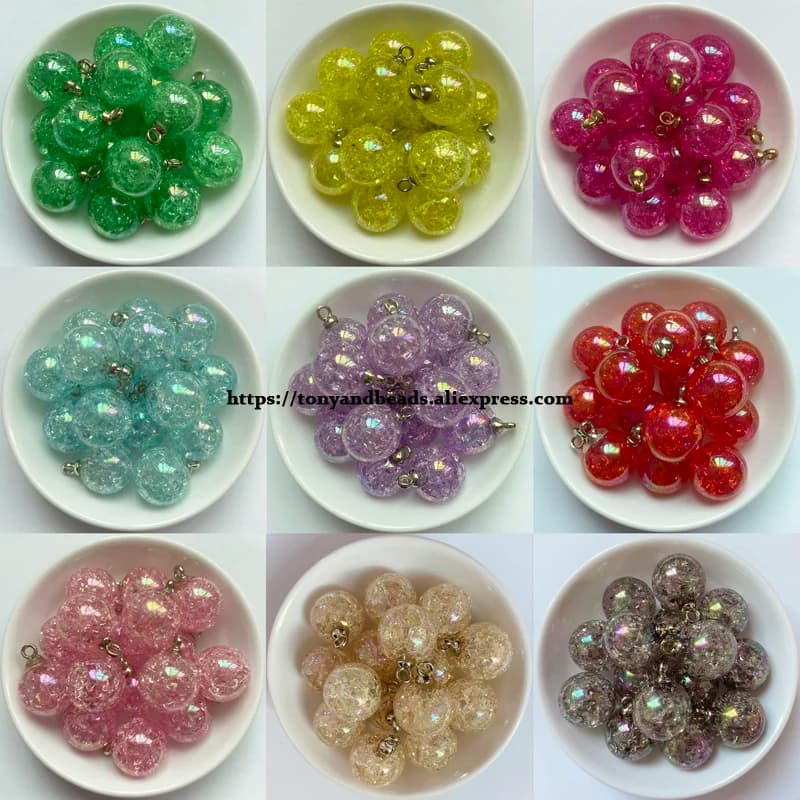 (1 lot = 10 pièces) brillant AB fissures acrylique petit pendentif boule taille 15mm 9 couleurs pour la fabrication de bijoux bricolage