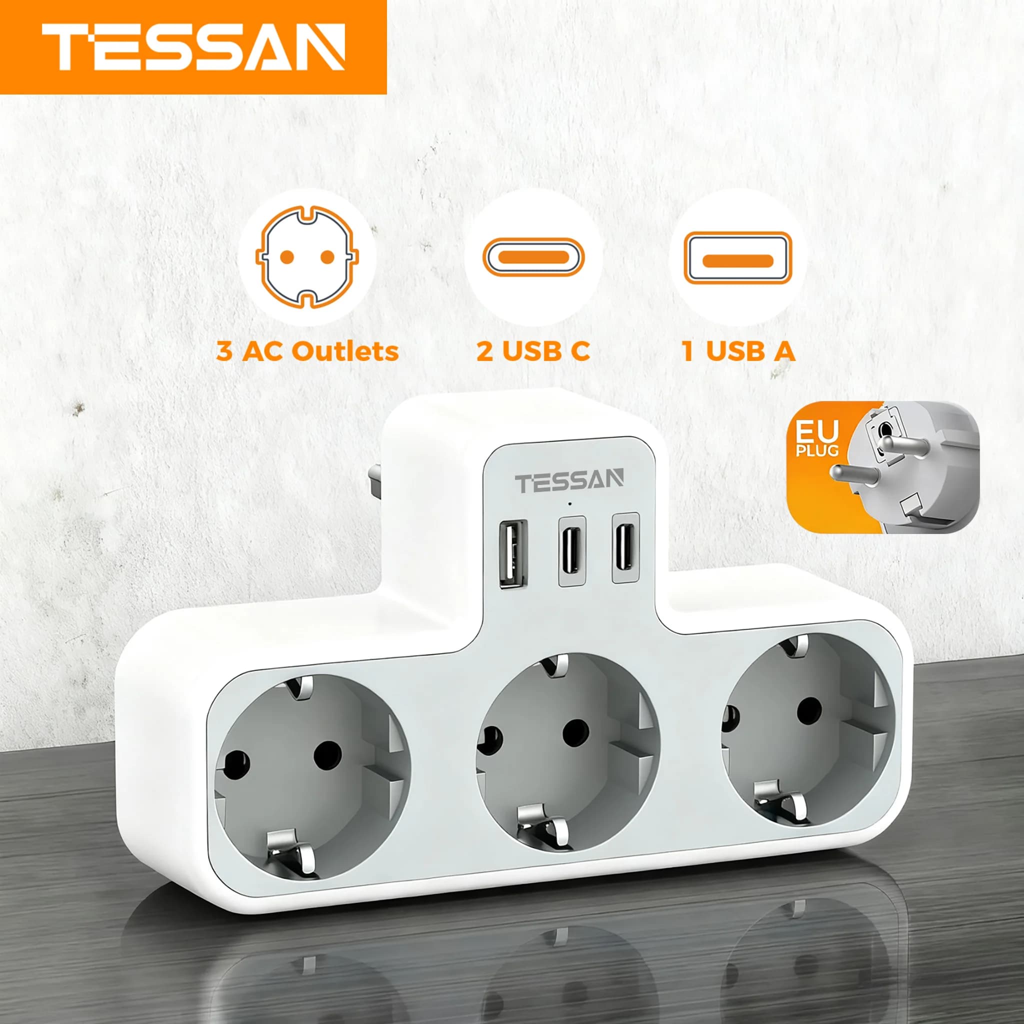 TESSAN Prise murale multi-USB 6-en-1 avec 3 prises AC, adaptateur multiprise pour la maison et le bureau