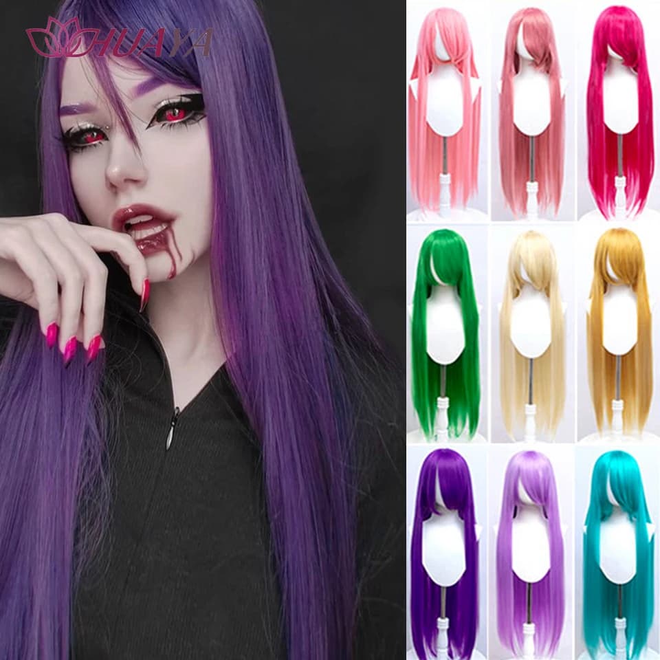 HUAYA – perruque de Cosplay synthétique longue et lisse de 100cm, cheveux résistants à la chaleur pour femmes, perruques de Costume Anime blondes, vertes, jaunes et roses