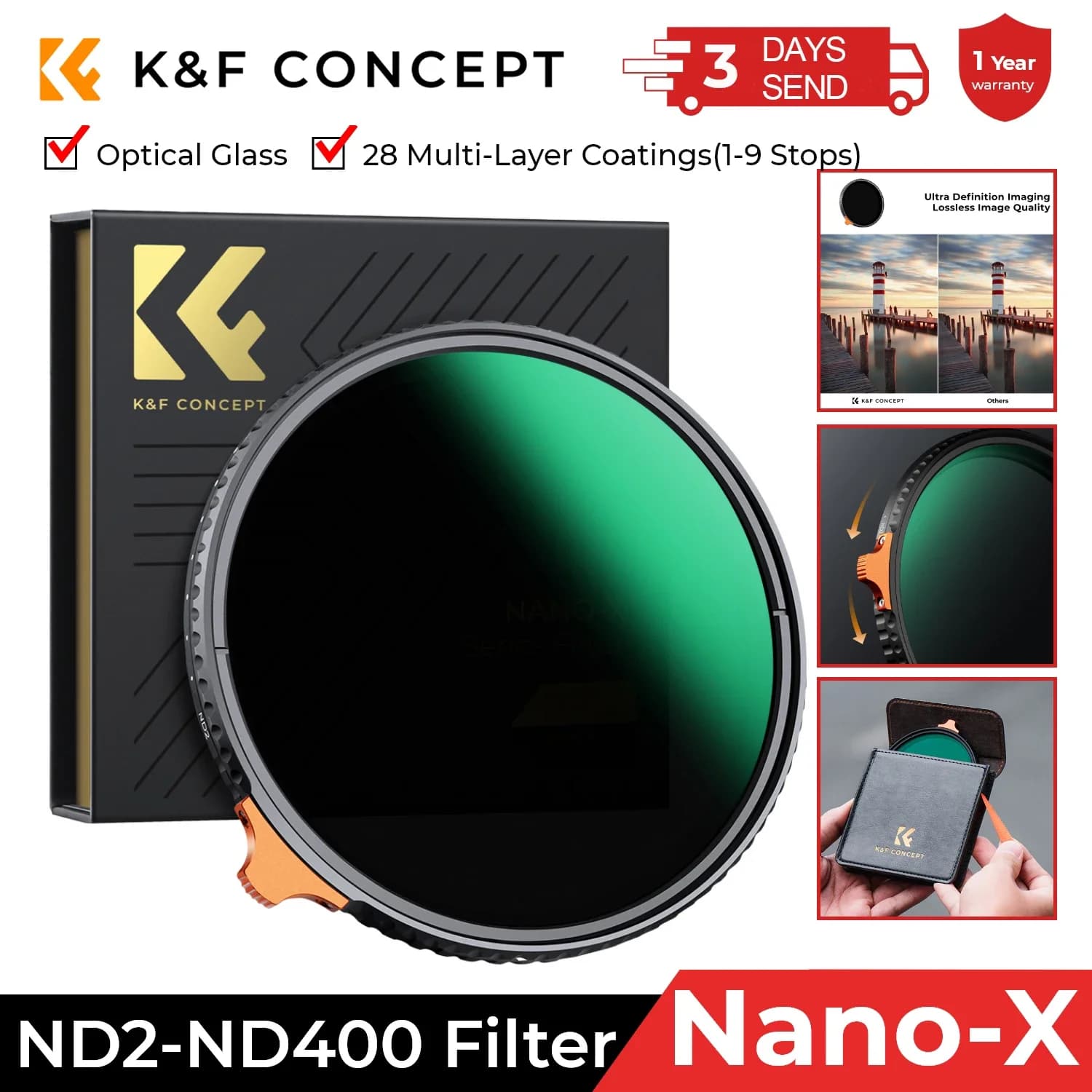 Filtre ND variable K&F CONCEPT ND2 à ND400 pour objectif, densité neutre réglable, 49mm 52mm 58mm 62mm 67mm 77mm 82mm