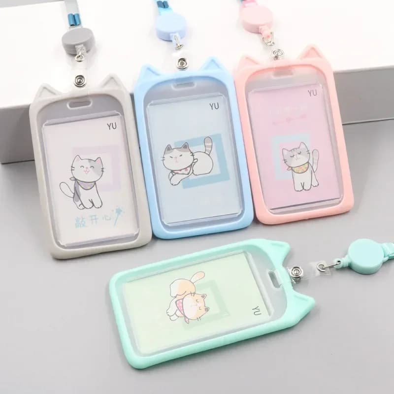 Porte-carte de chat de dessin animé mignon, 1 pièce, étui porte-carte d'identité de Bus d'identité bancaire avec lanière à bobine rétractable, housse de crédit, cadeau pour enfants