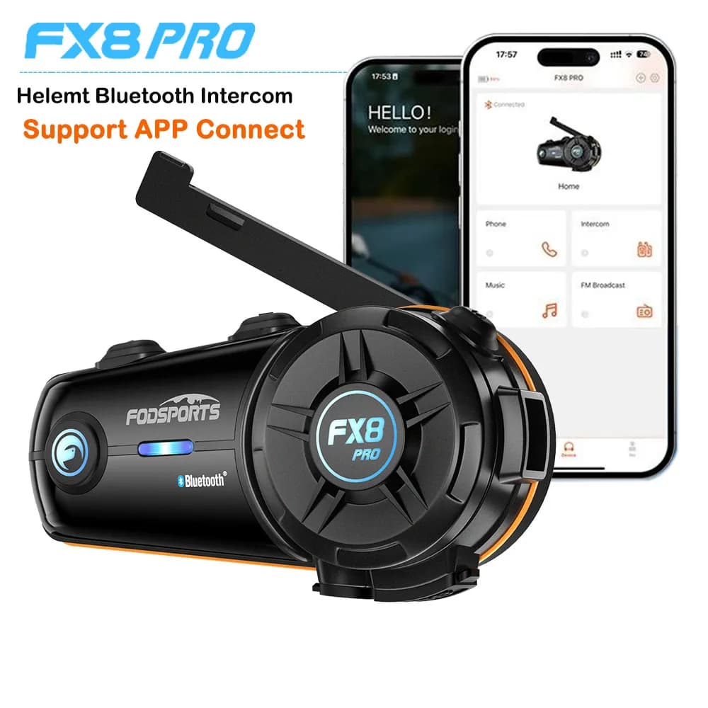 2 pièces Fodsports FX8 PRO Intercom Bluetooth pour casque de moto, connexion via application, double cœur BT5.4, pour communication moto 8 voies