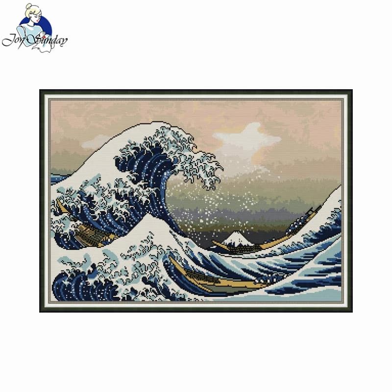 JoySunday – Kits de point de croix « La Grande Vague de Kanagawa », motif imprimé, broderie imprimée 16CT 14CT, ensemble de décoration pour travaux d'aiguille