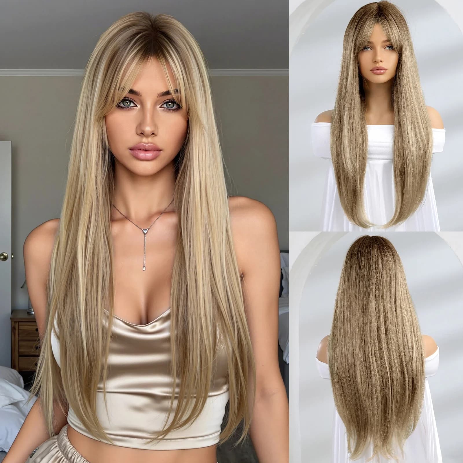 Perruque synthétique lisse et longue, cheveux naturels de licorne, racines foncées, ombré, blond, brun, Fiber résistante à la chaleur, pour femmes noires et blanches