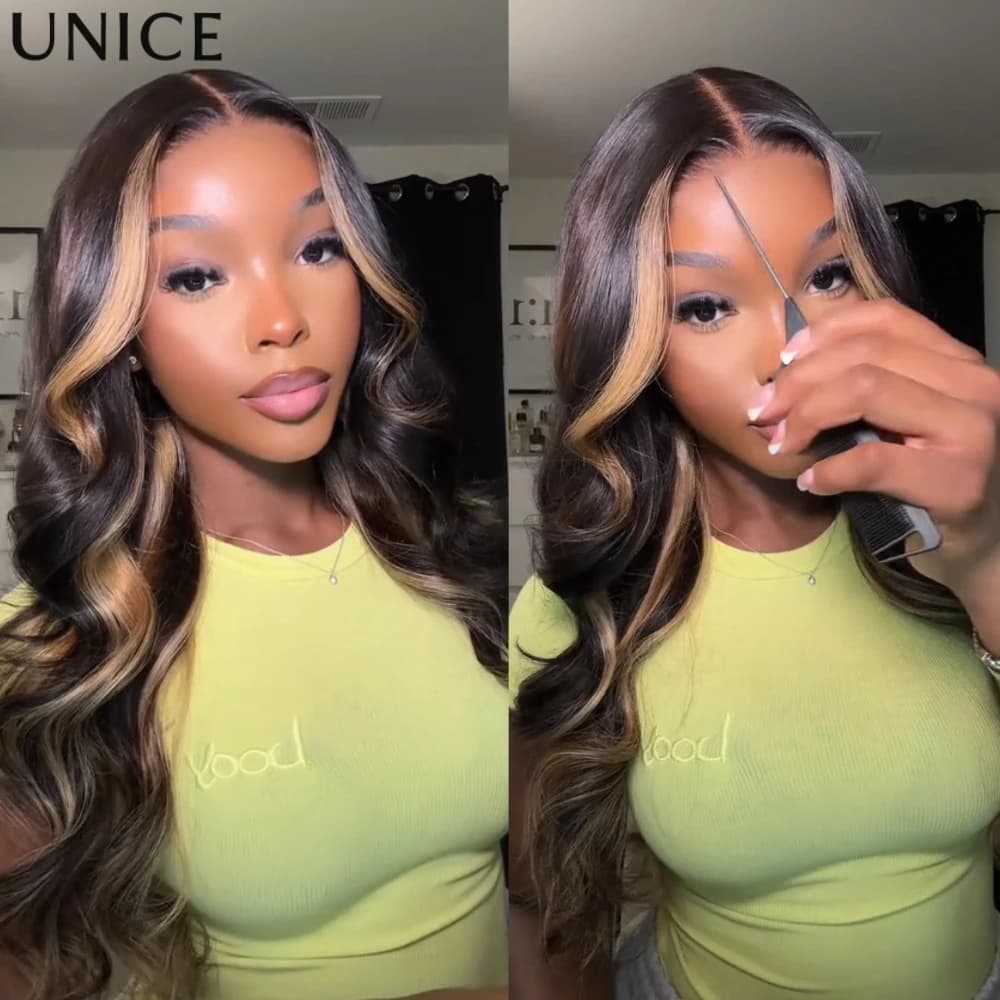 UNice 7x5 Bye-Bye Knot TM Perruque en cheveux humains ondulée lâche marron avec mèches caramel et frange encadrante, sans colle