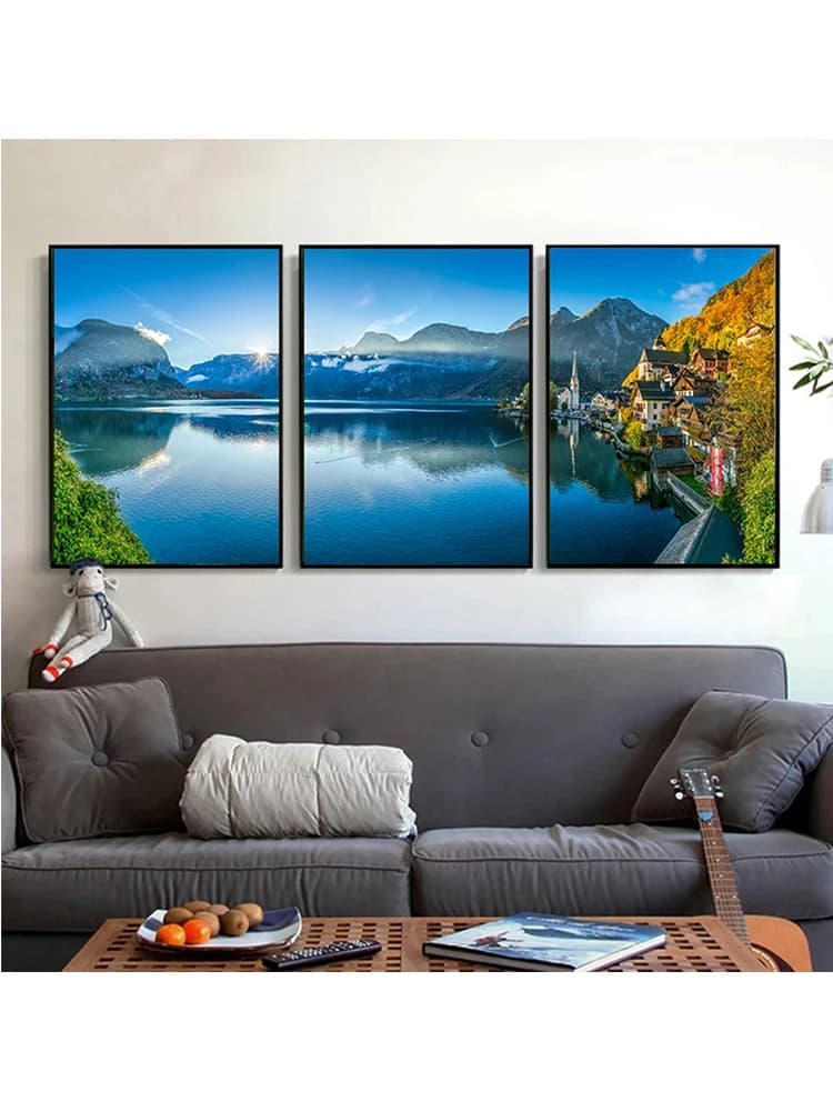 Kit de peinture au diamant bricolage, broderie au point de croix, mosaïque au diamant, paysage naturel, lac, village, dolomites, triptyque moderne, 3 pièces