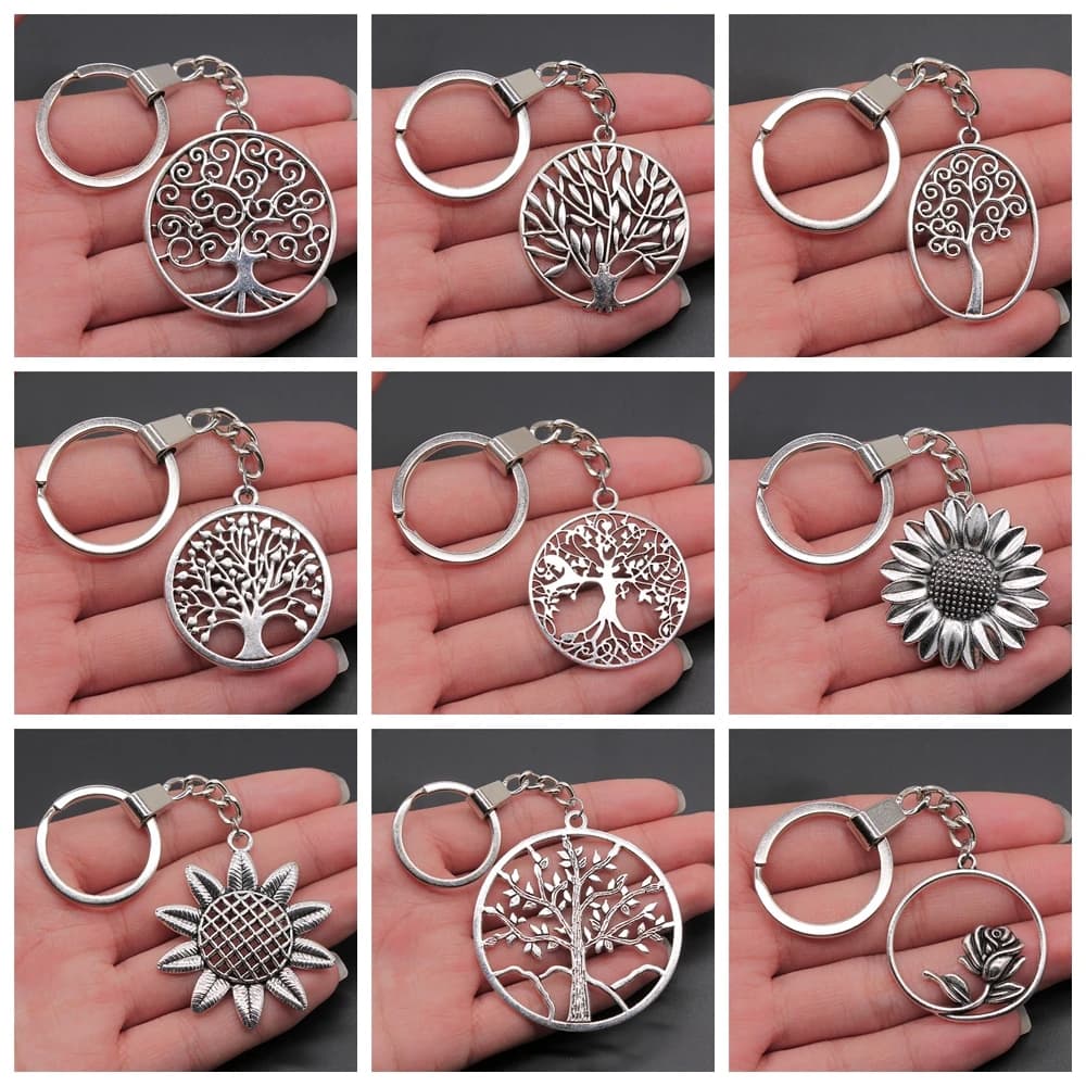 Porte-clés en alliage métallique pour hommes, 30mm, bricolage, chaîne Vintage, cœur, fleur, Rose, arbre de tournesol, pendentif, nouvelle mode