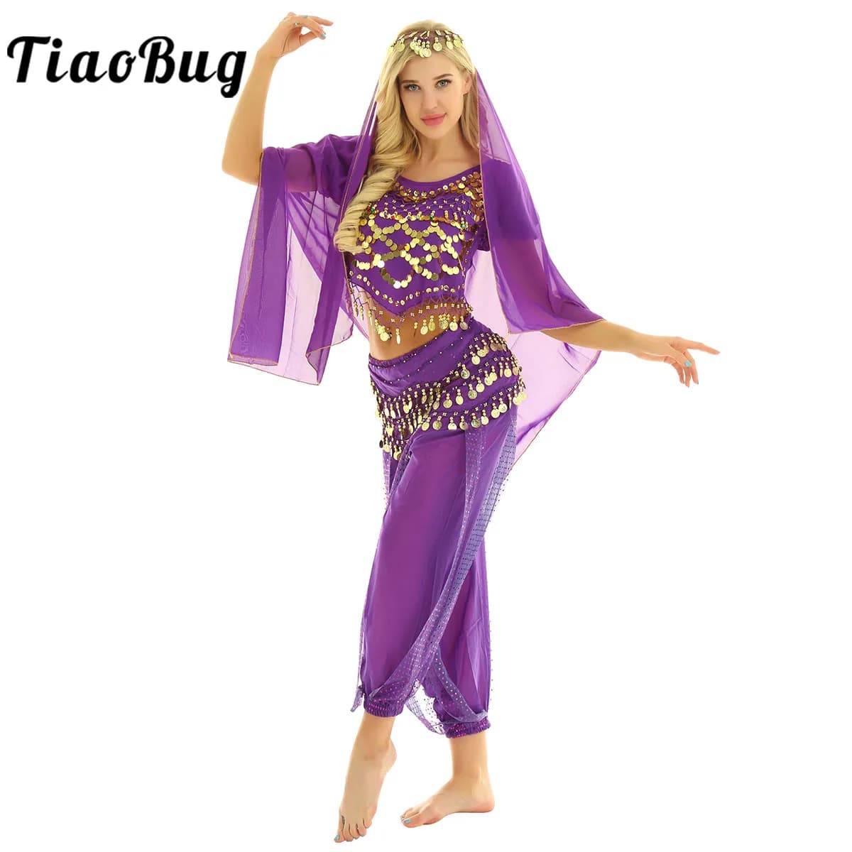 Ensemble de costumes de danse du ventre pour femmes, haut de pièces de monnaie + sarouel + écharpe de hanche + foulard de tête, tenue pour Festival, carnaval, danse indienne égyptienne