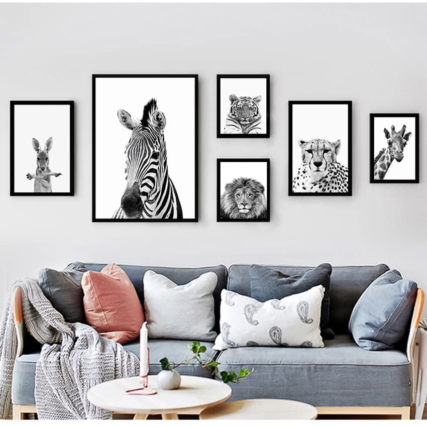 Images noires et blanches, décoration de chambre d'enfants, animaux imprimés, Lion, zèbre, éléphant, affiche d'art murale, peinture sur toile pour pépinière Safari