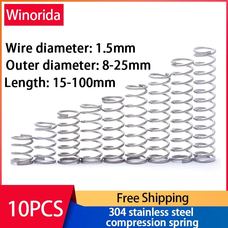 Ressort de Compression en acier inoxydable 304, ressort de rappel, fil d'acier diamètre 1.5mm diamètre extérieur 8 ~ 25mm 10 pièces