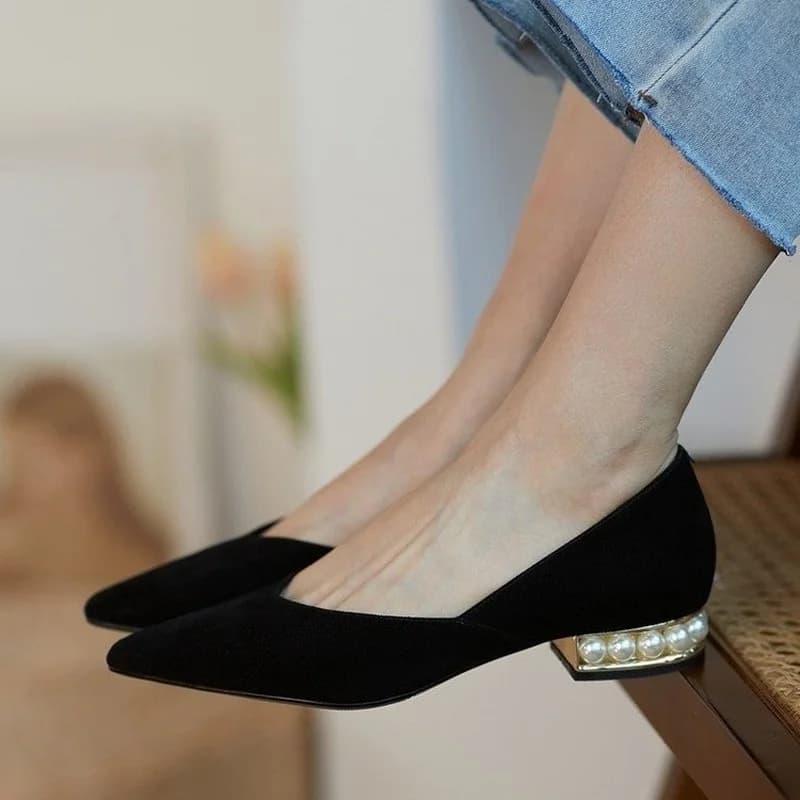 chaussure talon shoes luxury chaussure de luxe femme Comemore – escarpins d'été à talons bas et perles pour femmes, chaussures à enfiler, ballerines, robe de bureau, Faux daim, mocassins en cuir pour