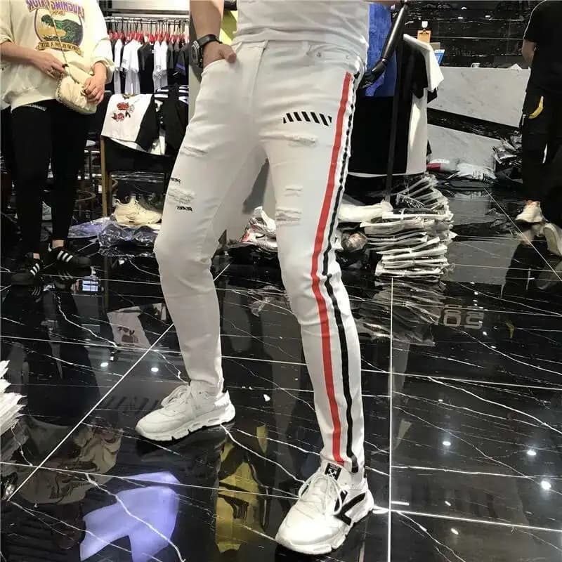Stretch hommes Jean printemps 2021 homme Jean marque Denim décontracté sarouel côté rayure maigre Jean hommes survêtement blanc maigre Jean hommes