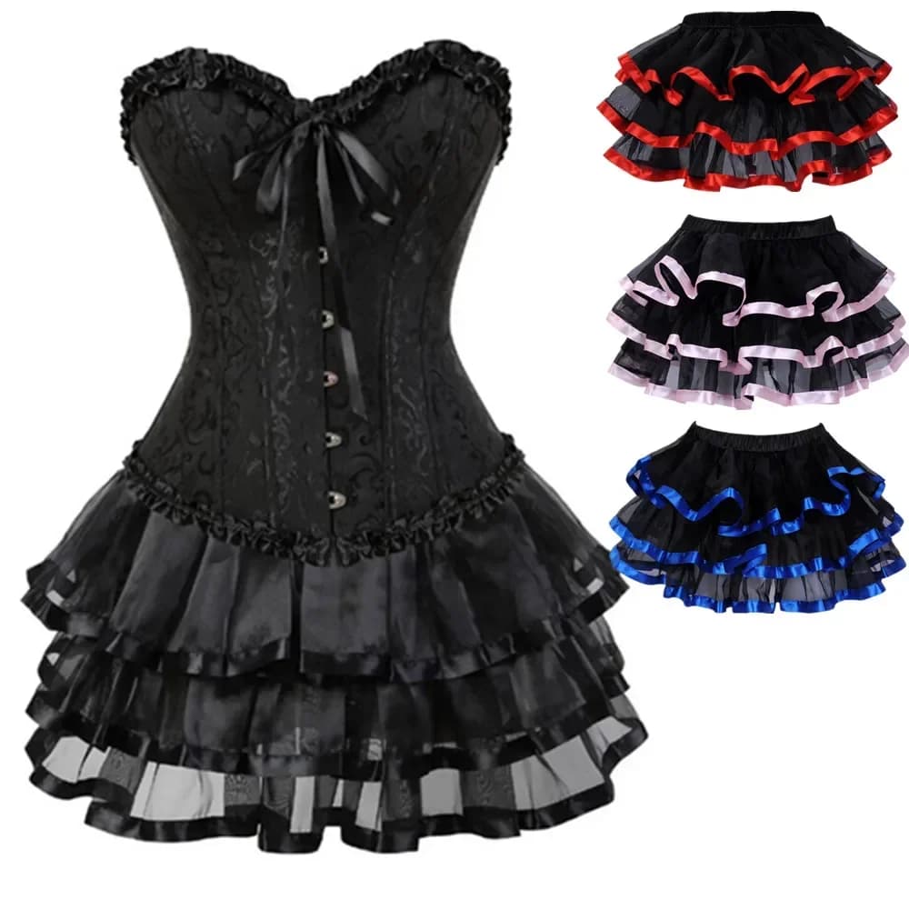 Femmes Sexy Jacquard à lacets surbuste Corset Bustiers robe gothique corps Shaper Mini jupe Tutu grande taille XS-7XL