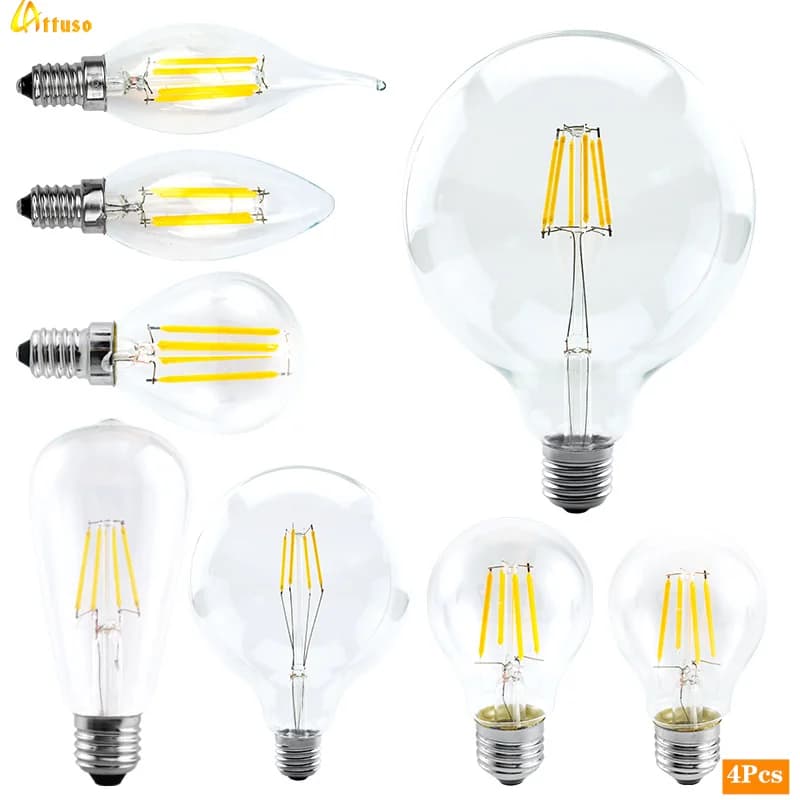 Ampoules LED de tailles variées, C35 A60 G80 G95 G125 220V E14 E27, lumières à filament 2W-8W, verre transparent, lampe LED de style Edison, 4 pièces