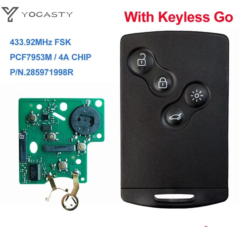 Clé intelligente sans clé YOCASTY 285971998R, puce 4A, 433 MHz, pour Renault Clio IV Captur 2009 2010 2011 2012 2013 2014 2015 2017