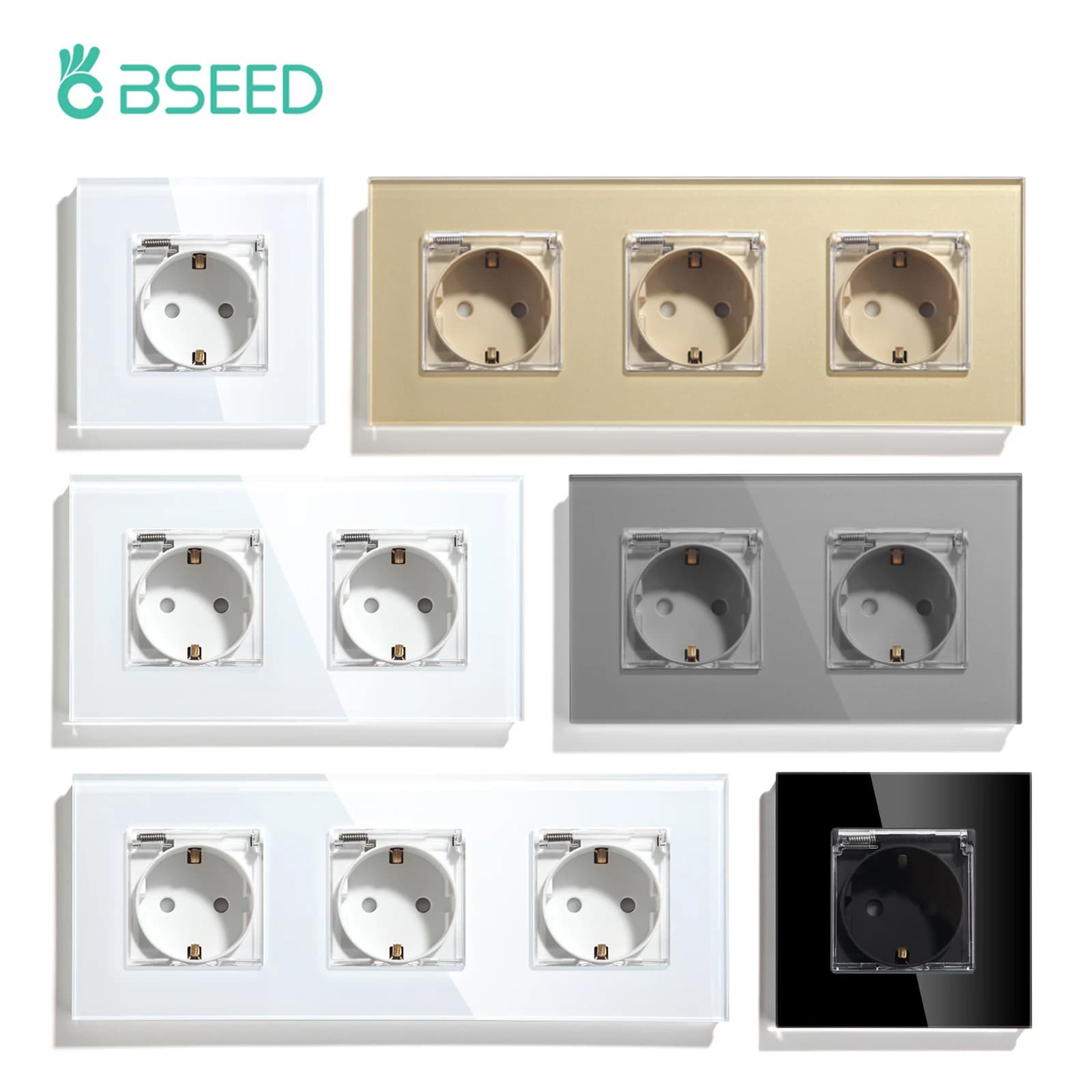 BSEED-Prise murale étanche standard UE, double prise d'alimentation avec couvercle, triple prises, panneau en verre cristal, 16A, 110V-250V