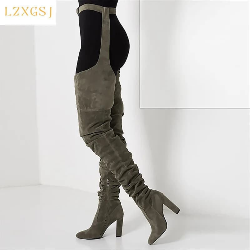 Bottes en daim avec ceinture sexy pour femmes, bottes au-dessus du genou, gros talons hauts pointus, bottes Parker avec fermeture éclair, soirée de fête