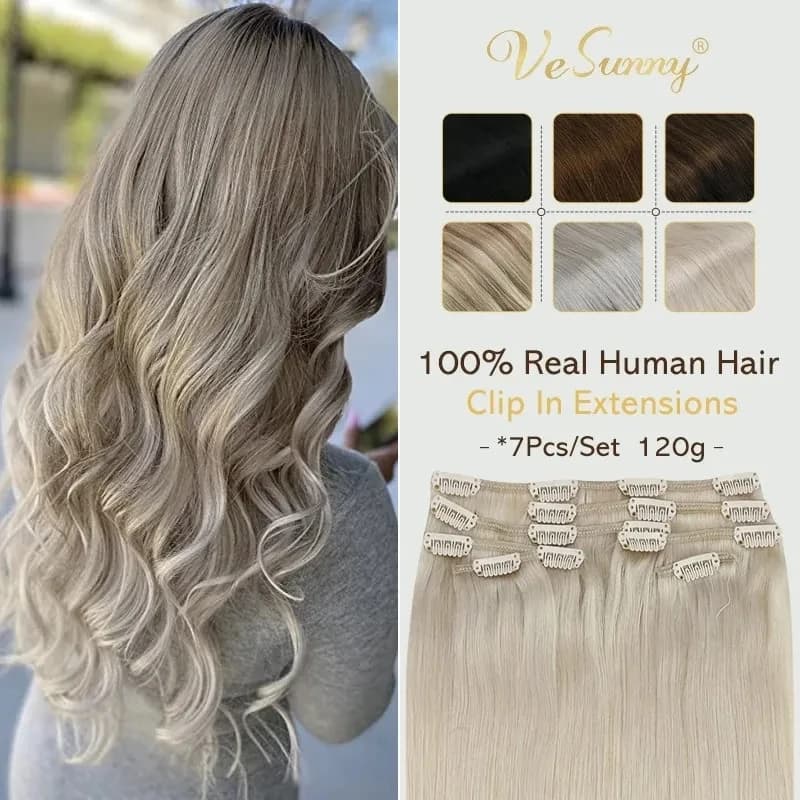 Extensions capillaires à clips VeSunny, cheveux humains, double trame, extensions Remy, 7 pièces, extensions à clips, cheveux brésiliens
