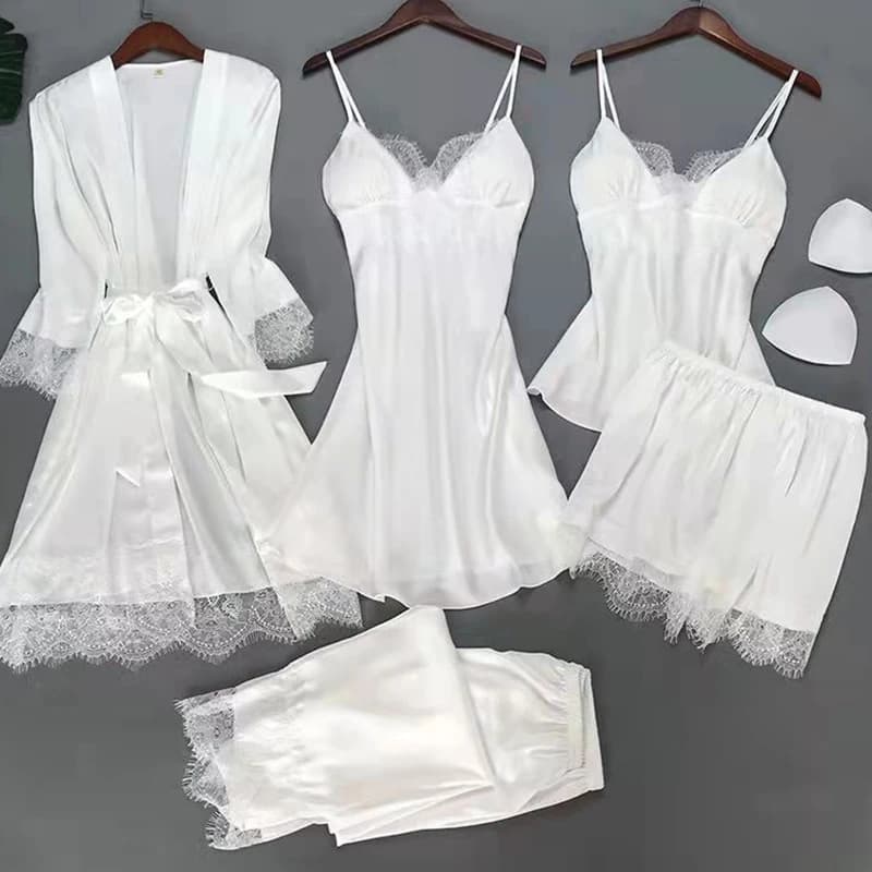 Blanc 5 pièces ensemble de sommeil Pyjamas dame dentelle Satin Pyjamas Kimono robe de bain vêtements de nuit amples maison vêtements col en v vêtements de nuit décontractés
