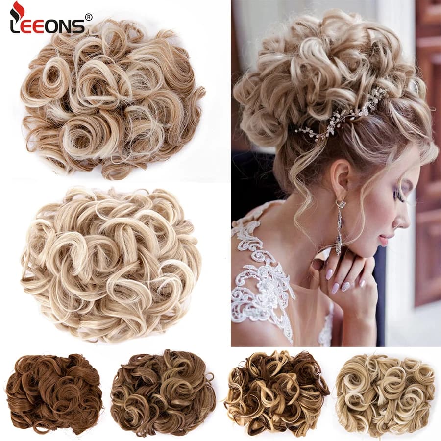 Leeons cheveux synthétiques Chignon brun blond bouclés Chignon désordre peigne pince dans l'extension de cheveux chignons postiches pour les femmes