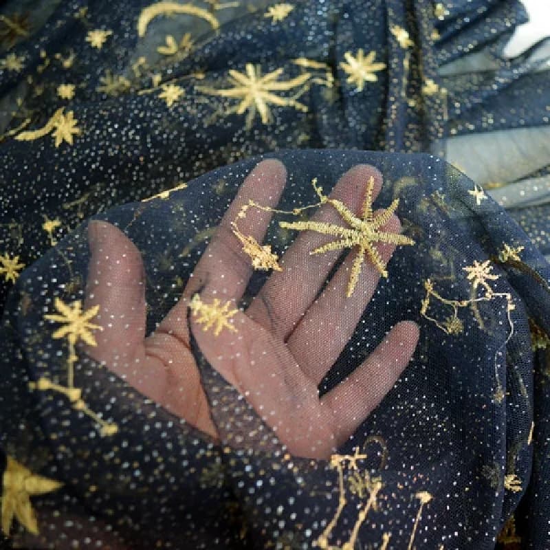 Tissu en Tulle et maille brodée à paillettes, lune céleste, étoile, dentelle pour coudre une robe, mariage, bal, noir, blanc, bleu, au mètre