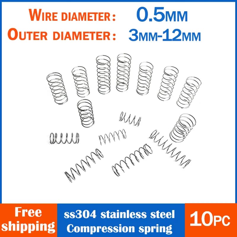 Fil de ressort de Compression en acier inoxydable 304, diamètre 0.5, ressort de retour, diamètre extérieur 3-10mm, ressort en spirale, Mini ressort, 10 pièces
