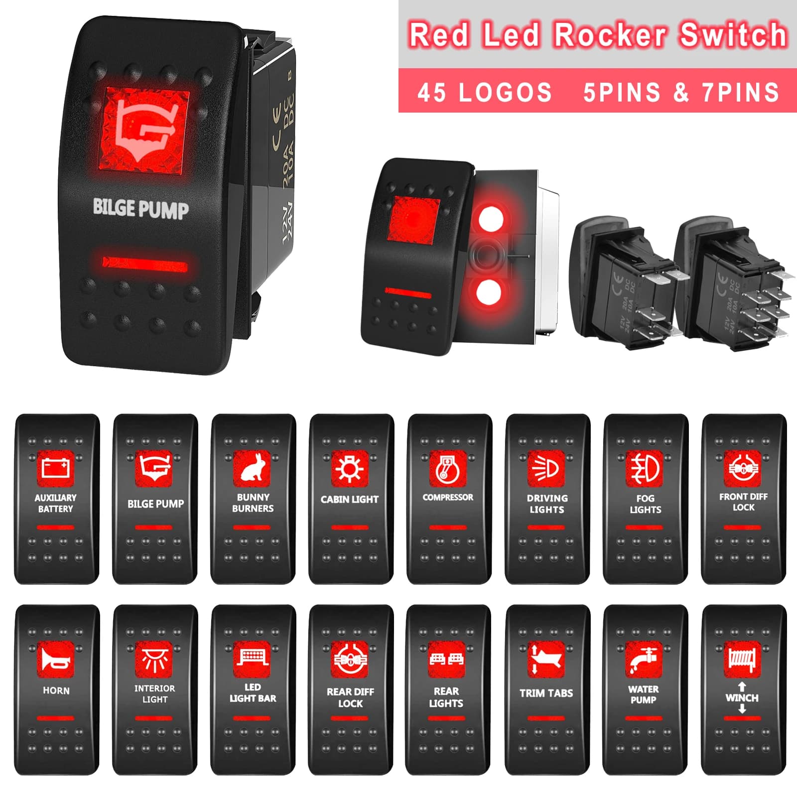 Interrupteurs à bascule étanches 12V 24V pour voiture et bateau, avec double voyant LED rouge, 5P SPST, pour ARB, marine, VR, 4x4, caravane