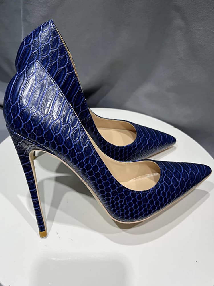 Tikicup Sexy bleu marine effet croco femmes bout pointu 12 cm talons hauts élégant OL dames mode travail pompes aiguilles chaussures habillées