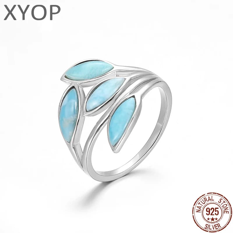 Bague en argent regardé 925 avec pierre précieuse naturelle pour femme, cadeau pour la mère, branche d'olive, larimar, bijoux féminins simples, rencontres