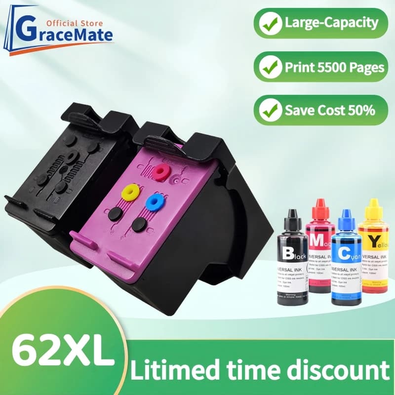 Cartouche d'encre CISS rechargeable 62XL, Compatible HP 62 HP62 pour HP Envy 5540 5640 7640 5646 5541 5642 5644 5740 5742 5745 200 250