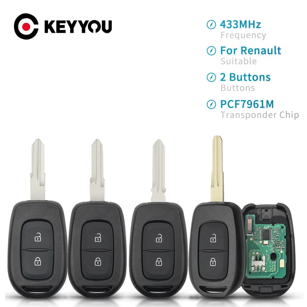 KEYYOU clé de voiture à distance pour Renault Sandero Dacia Logan Lodgy Dokker Duster Trafic Clio4 Master 2 boutons 433MHZ puce PCF7961M