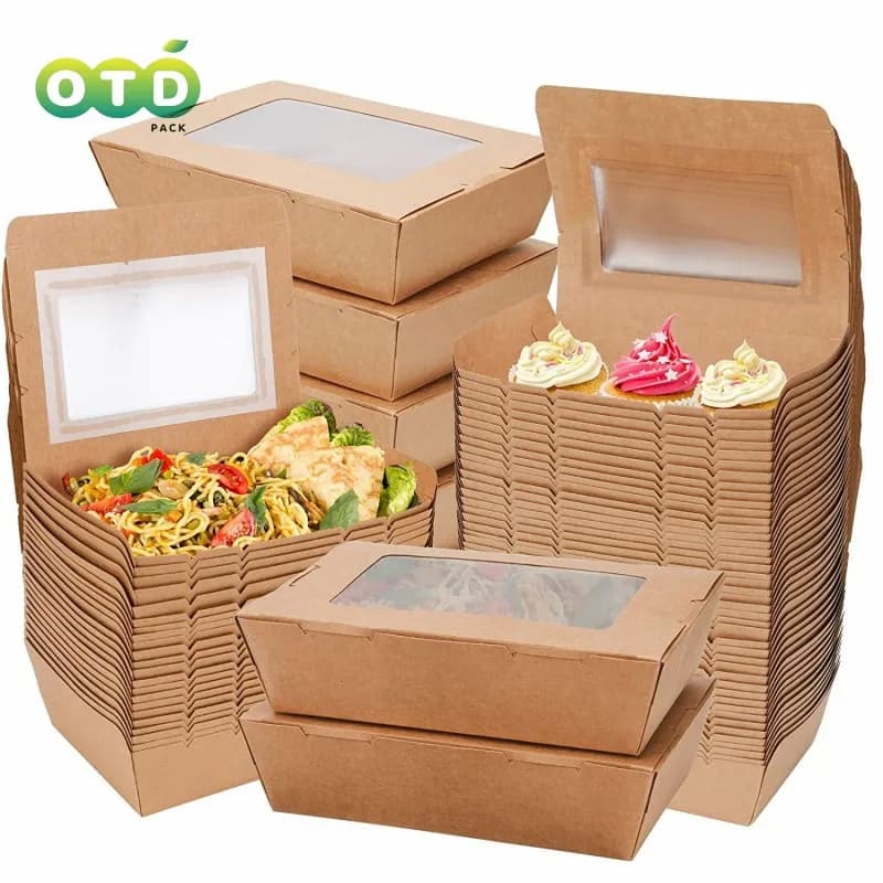Boîte de préparation de repas de poulet en kraft brun haut de gamme avec fenêtre transparente, emballage de salade et de sushi, à emporter