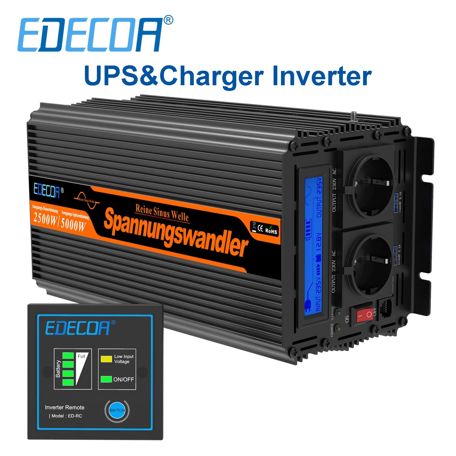Convertisseur onduleur EDECOA UPS&chargeur 2500W DC 12V vers AC 220V 230V, onde sinusoïdale pure, transformateur 2,5KW pour maison, voiture, système solaire