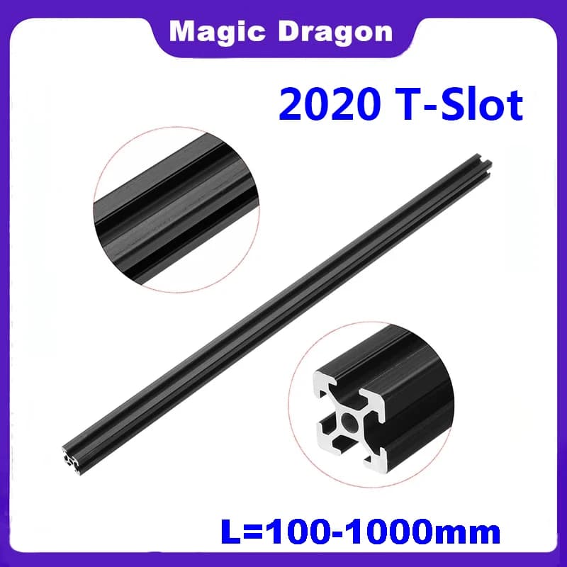Profilé en aluminium anodisé noir pour imprimante 3D CNC, rainure en T, norme européenne, extrusion, L = 2020-100mm, rail linéaire, 2020SEE, 1000, 1 pièce