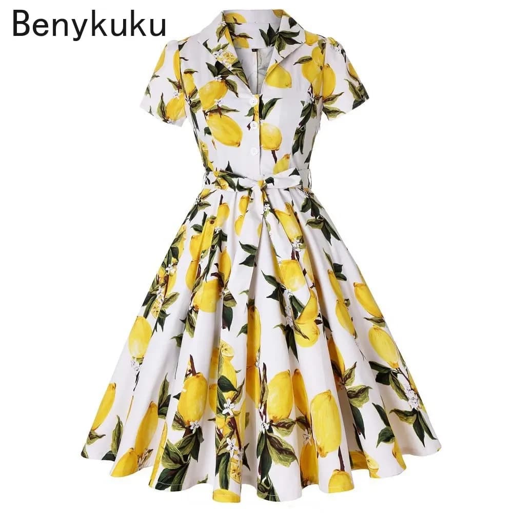 Robe en coton style Hepburn imprimée citron, vintage années 50-60, col rabattu, manches courtes, tunique trapèze ceinturée, collection 2026