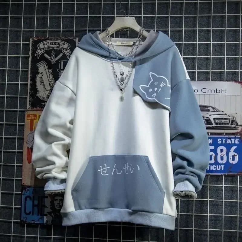 Sweat à capuche de Style japonais pour hommes, imprimé chat mignon, Patchwork, pour adolescents, mode Anime Harajuku, printemps automne