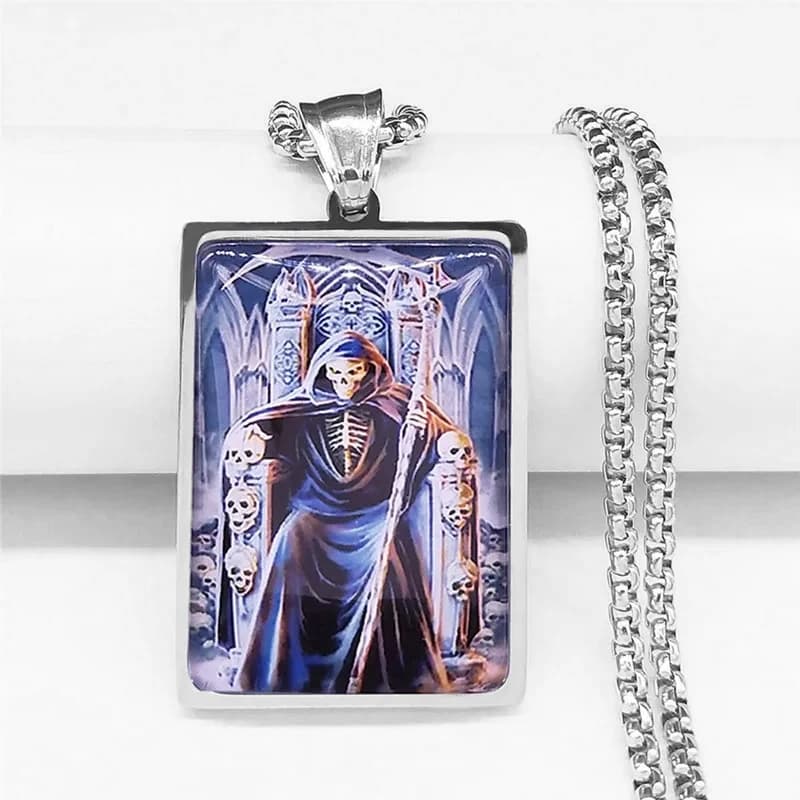 Collier à chaîne géométrique en verre et acier inoxydable avec motif de cadran de mort et crâne, couleur argent, pour homme, bijoux NBLP29-4S03