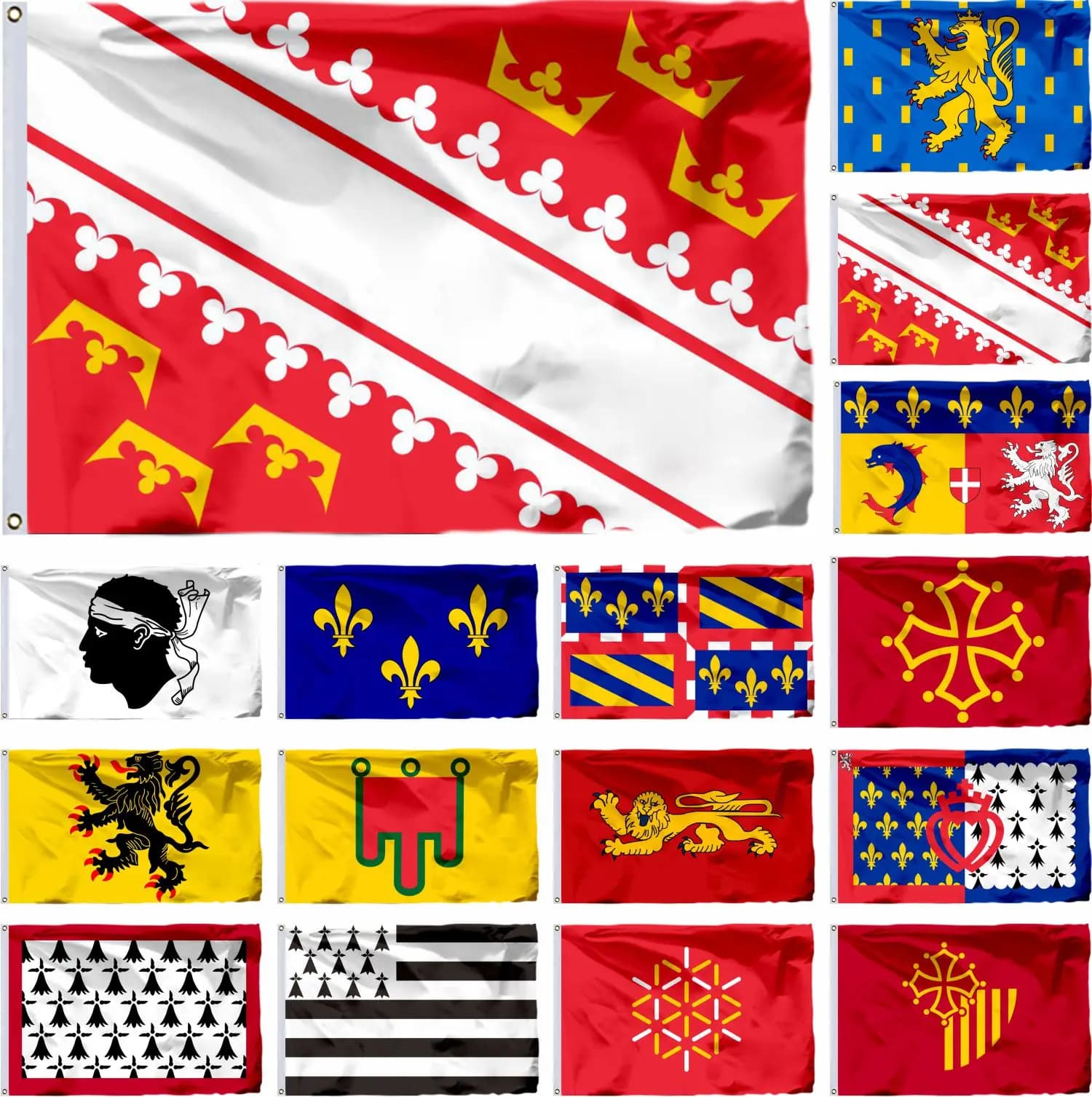 Drapeau de l'Alsace, d'Île-de-France et des Midi-Pyrénées (21x14cm, 45x30cm, 3x5ft) – Bannière du Limousin, de Corse, du Languedoc-Roussillon – France 23 États