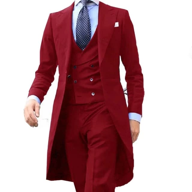 Nouveauté 2023 : Costumes longs pour hommes, design rouge chinois, smoking élégant pour hommes, blazer de bal sur mesure 3 pièces (veste + gilet + pantalon)