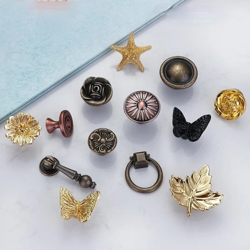 Poignée de meuble à trou unique, anneaux de feuille de papillon, or rétro, porte d'armoire et boutons ronds, poignée moletée, diapositives