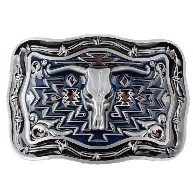 Boucle de ceinture à Long angle pour hommes, Style occidental, cuir de vache, métal lisse, beau motif avec fond rouge et bleu, tête de taureau argentée